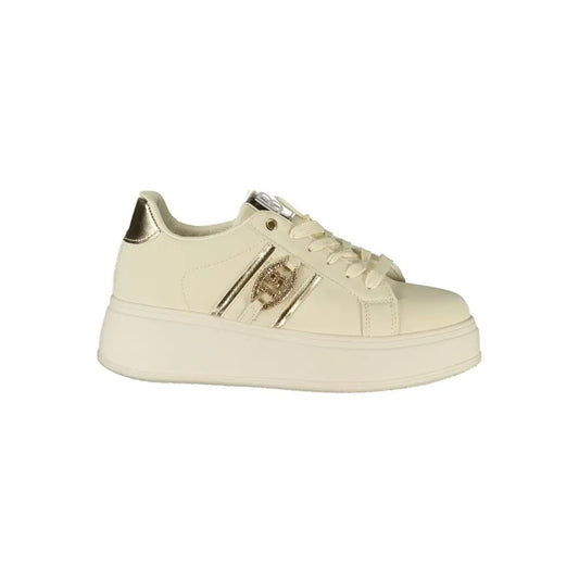 Laura Biagiotti beige polyester sneakers with cream color, gold accents and side emblem