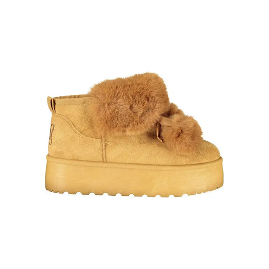 Laura Biagiotti tan suede ankle boot med faux fur og platform sål, outlet mærkevarer