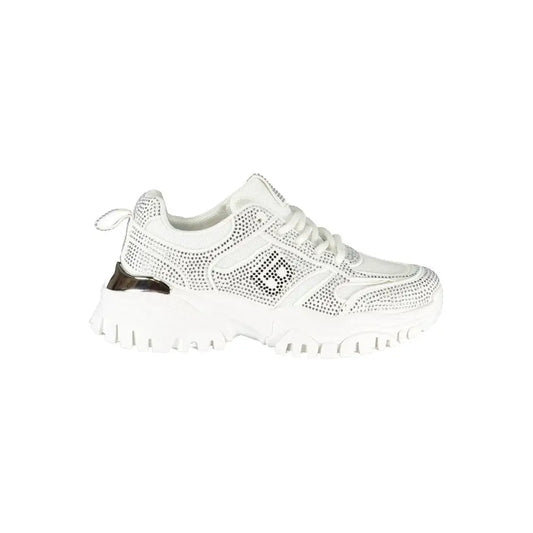 Laura Biagiottis hvide polyester sneakers med chunky sål og rhinesten-detaljer