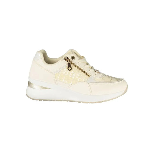Laura Biagiotti white polyester sneakers with cream color, geometric pattern, gold zipper and silver accents
