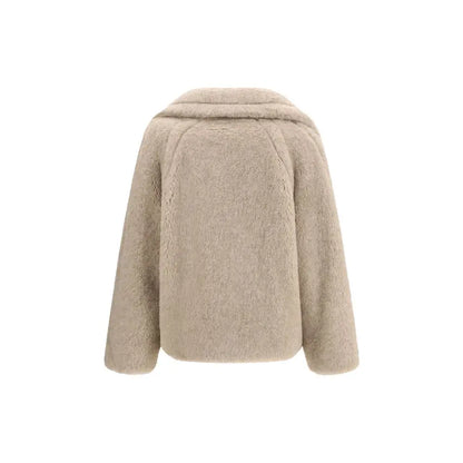 Max Mara beige alpaca coat med blød pels og rund krave