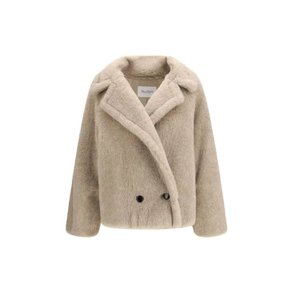 Max Mara beige alpaca faux fur coat med plush krave og sorte knapper