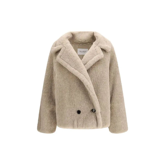 Max Mara beige alpaca faux fur coat med plush krave og sorte knapper