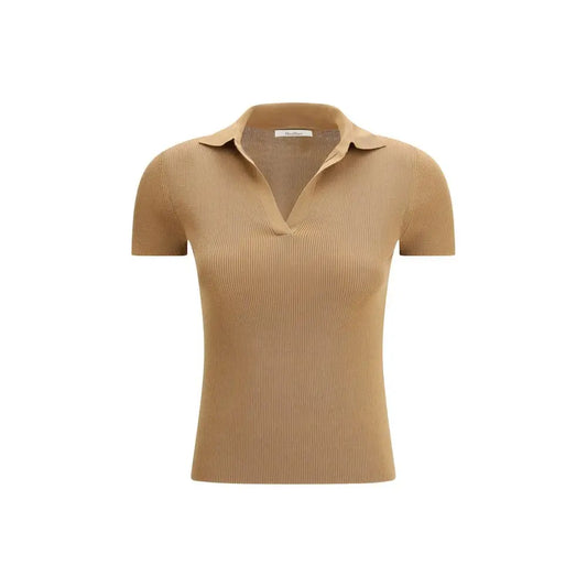 Max Mara beige fleece ribbed knit polo shirt med krave og korte ærmer