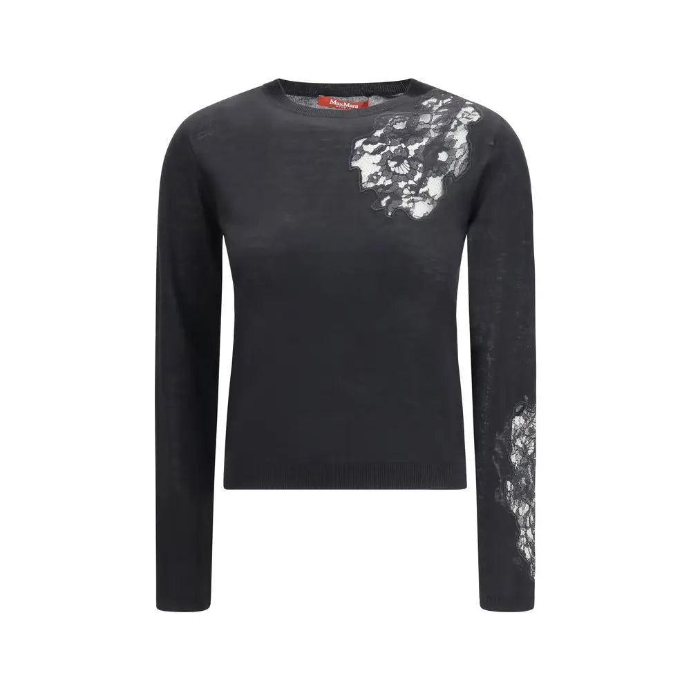 Max Mara black silk sweatshirt med sort strikketop og hvidt blondsøm på skulder og ærme