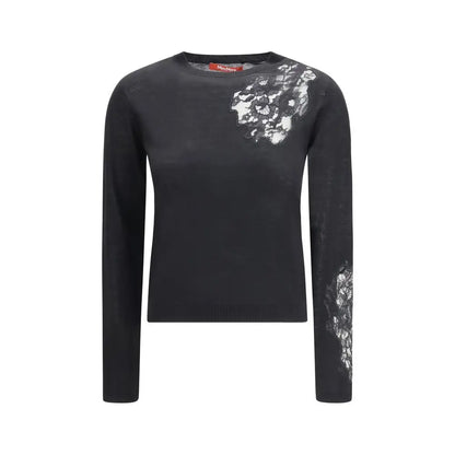 Max Mara black silk sweatshirt med sort strikketop og hvidt blondsøm på skulder og ærme