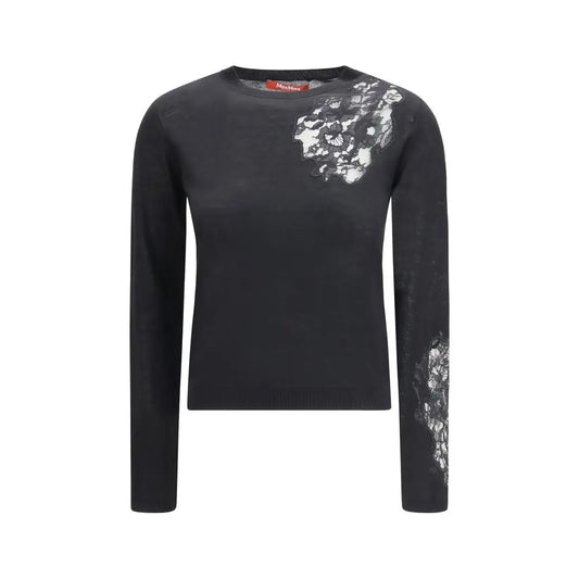 Max Mara black silk sweatshirt med sort strikketop og hvidt blondsøm på skulder og ærme