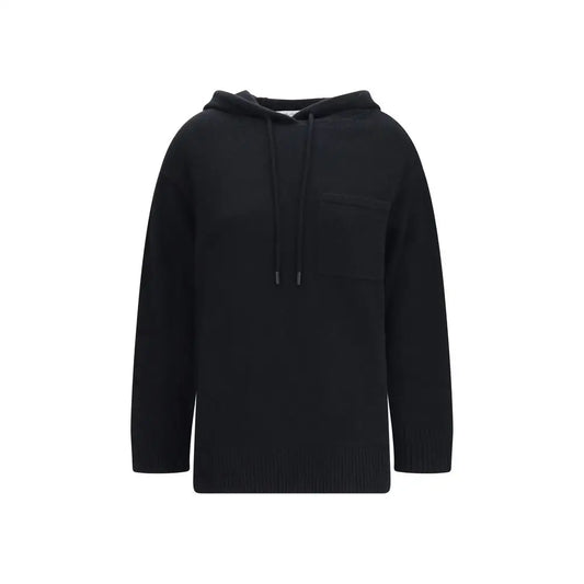 Max Mara black uld hoodie med ribbet tekstur, lomme og snører
