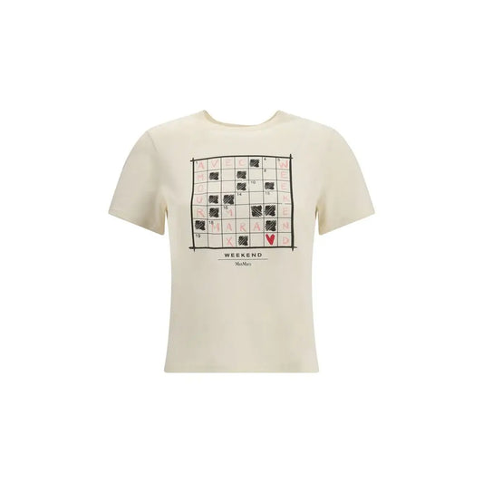 Max Mara cream cotton t-shirt med sort og pink krydsordsgrafik og weekend