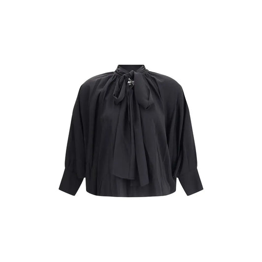 Max Mara Leonida silk blouse in black satin with gathered neckline and bow