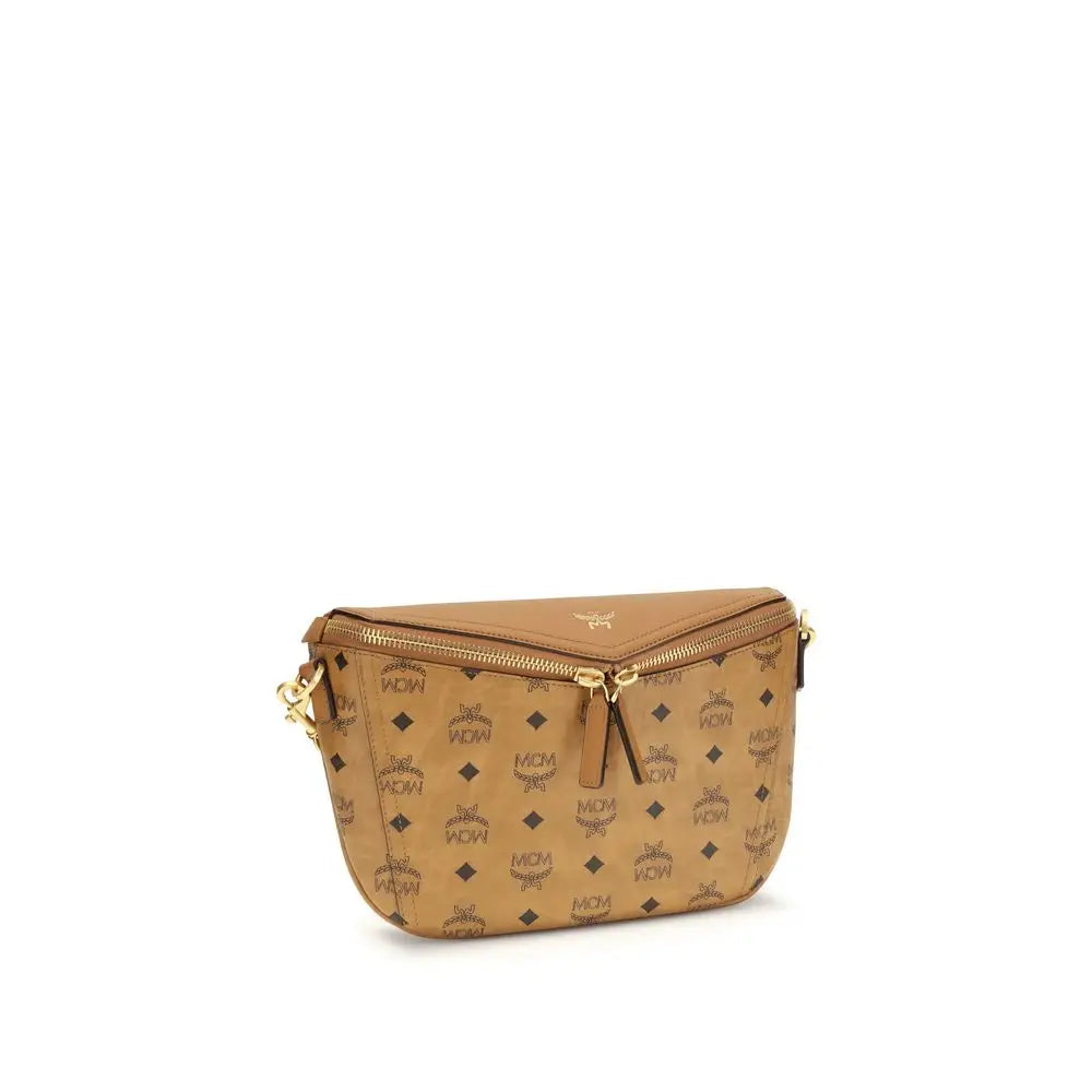 MCM beige calf leather Bos Taurus shoulder bag med tan MCM-bælte taske, signatur logo print og guld-tone hardware