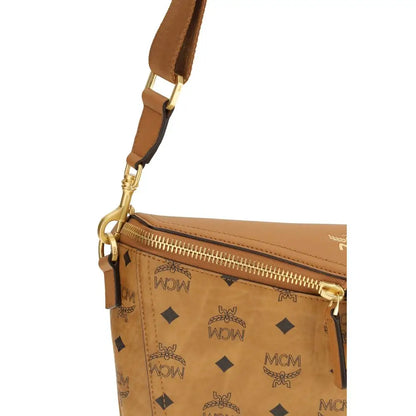 MCM beige calf leather Bos Taurus shoulder bag med tan MCM print og guld hardware