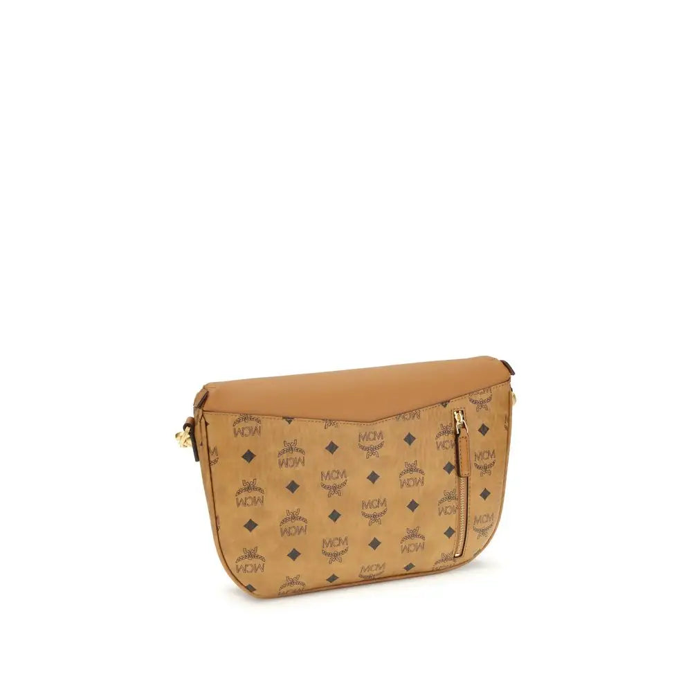 Tan MCM crossbody taske i beige calf leather med logo mønster og guld hardware