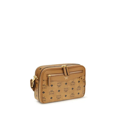 MCM beige fabric skulder taske med tan mcm mønster og guld hardware