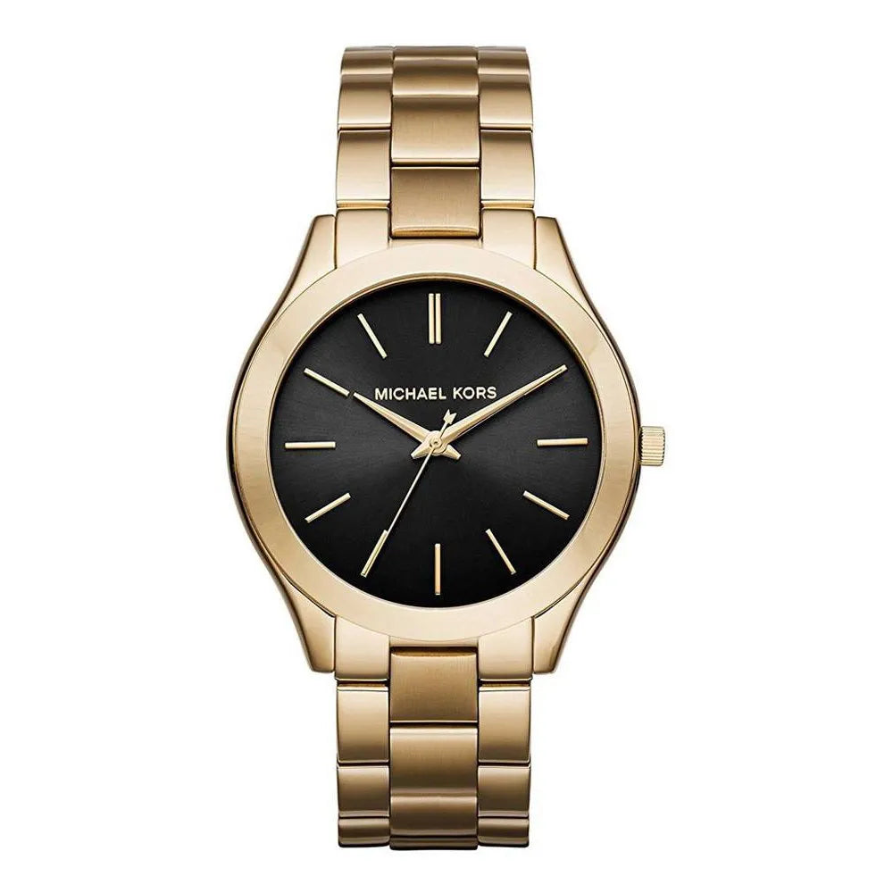 Michael Kors Slim Runway MK3478 dameur – sort urskive med guldfarvede visere og guldfarvet stållænke