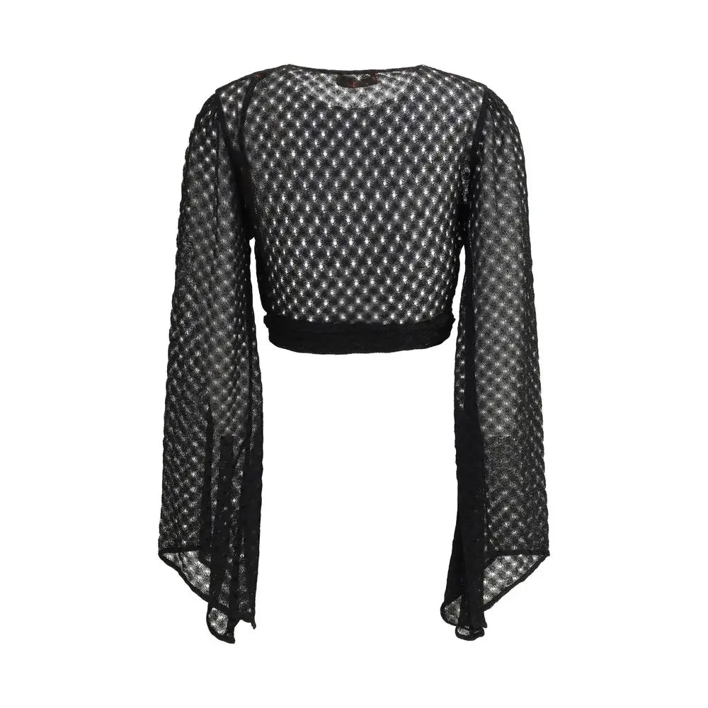 Missoni black rayon top med sort mesh, lange udsvingende ærmer og hvid prikket mønster