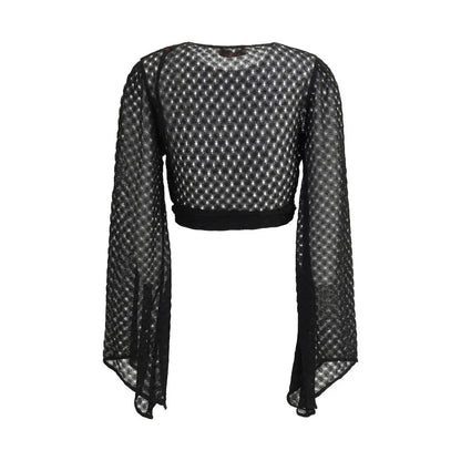 Missoni black rayon top med sort mesh, lange udsvingende ærmer og hvid prikket mønster