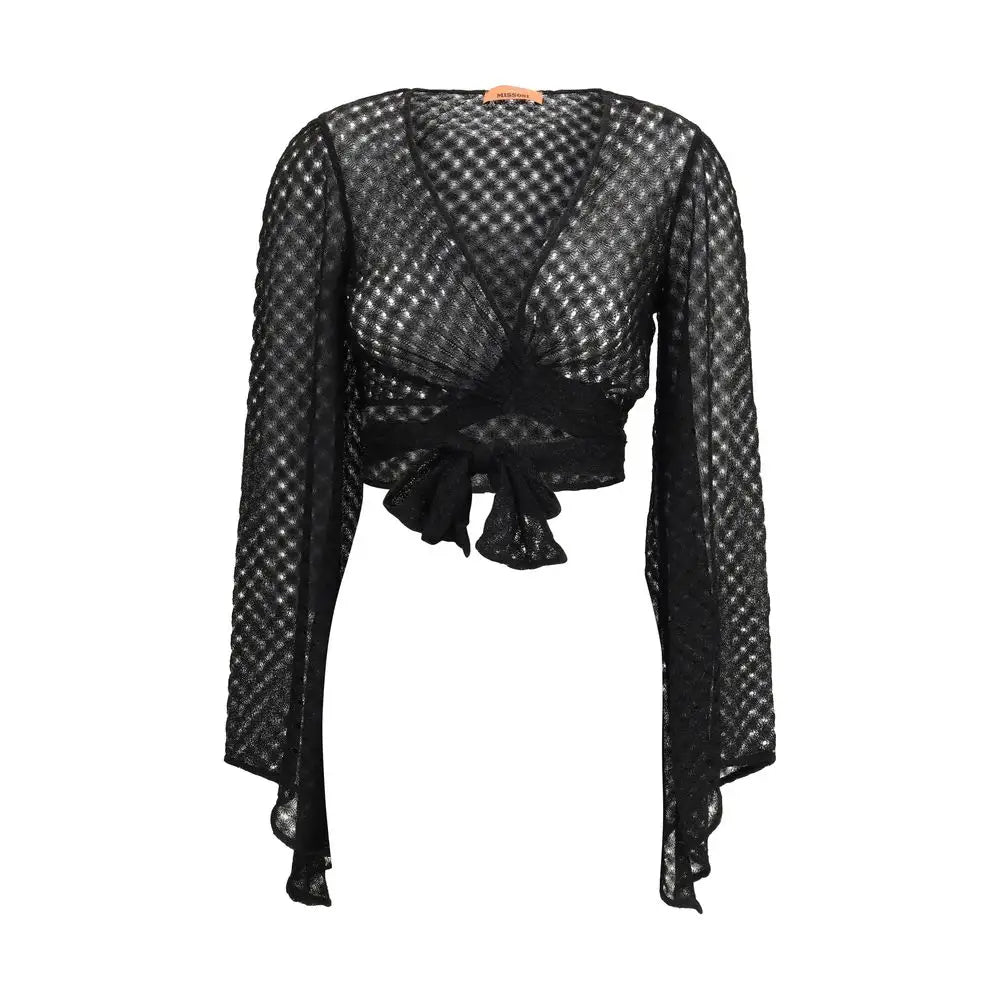 Missoni black rayon top: mesh crop med lange ærmer og knyttet taljebånd