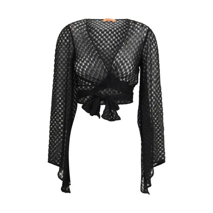 Missoni black rayon top: mesh crop med lange ærmer og knyttet taljebånd