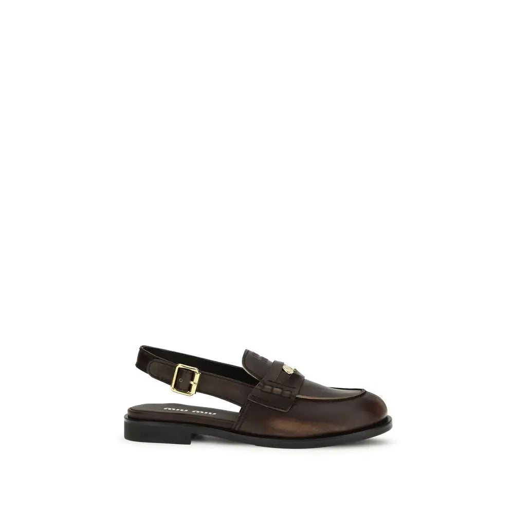 Miu mius brune læder slingback loafers med guldspænde