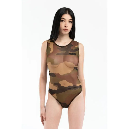 Sheer camouflage Moschino cotton bodysuit med sort trim og logo