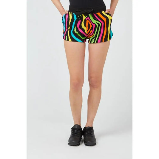 Vibrante regnbue zebra-stribede shorts med sort elastik talje fra Moschino