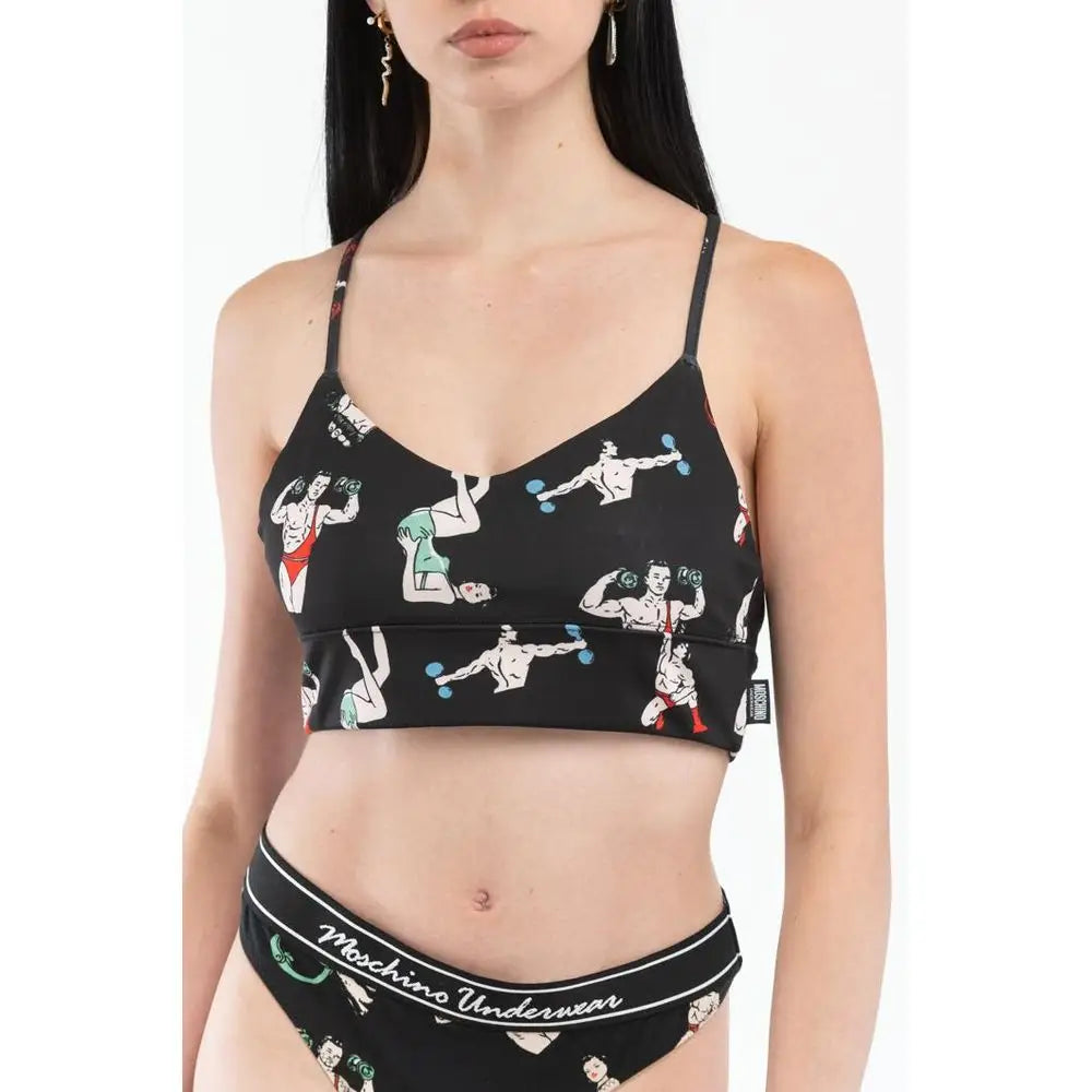 Sort Moschino sort polyester tank top med tegneserieillustrationer af muskuløse figurer der løfter vægte i rød, grøn og blå. 100% originale brands