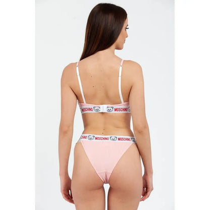 Pink Moschino bikini sæt med hvide bånd og rødt logo – spar 30–70% på mode