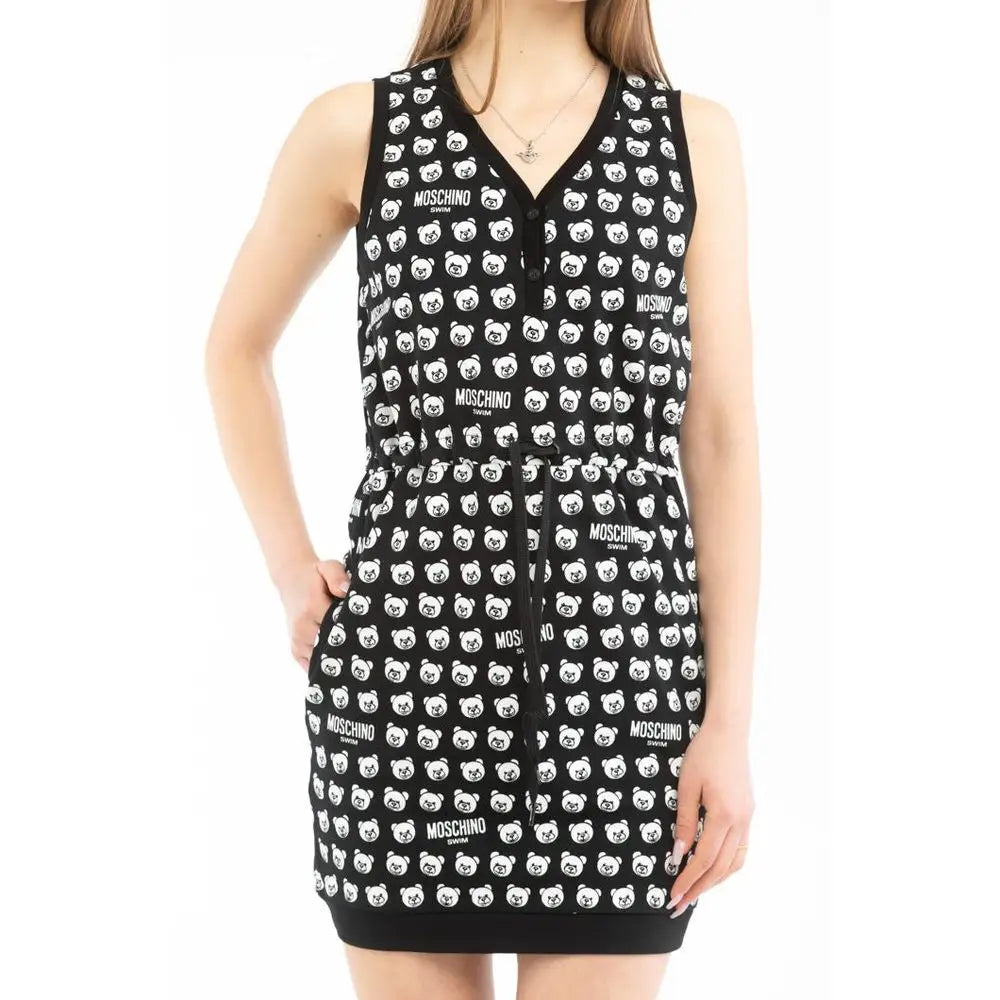 Sort Moschino multicolor cotton casual kjole med sorte ærmeløse teddybjørneprint