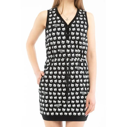 Sort Moschino multicolor cotton casual kjole med sorte ærmeløse teddybjørneprint