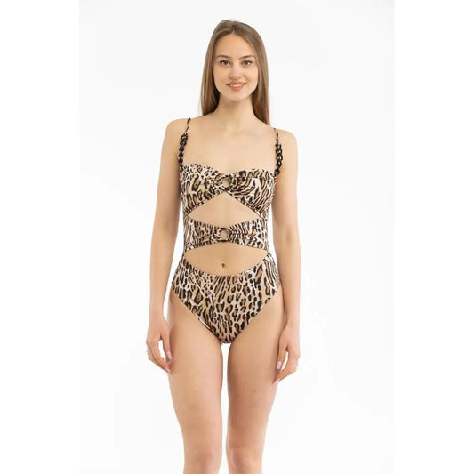 Moschino multicolor polyester one-piece swimsuit med leopardprint, udskæringer og kædebjælker