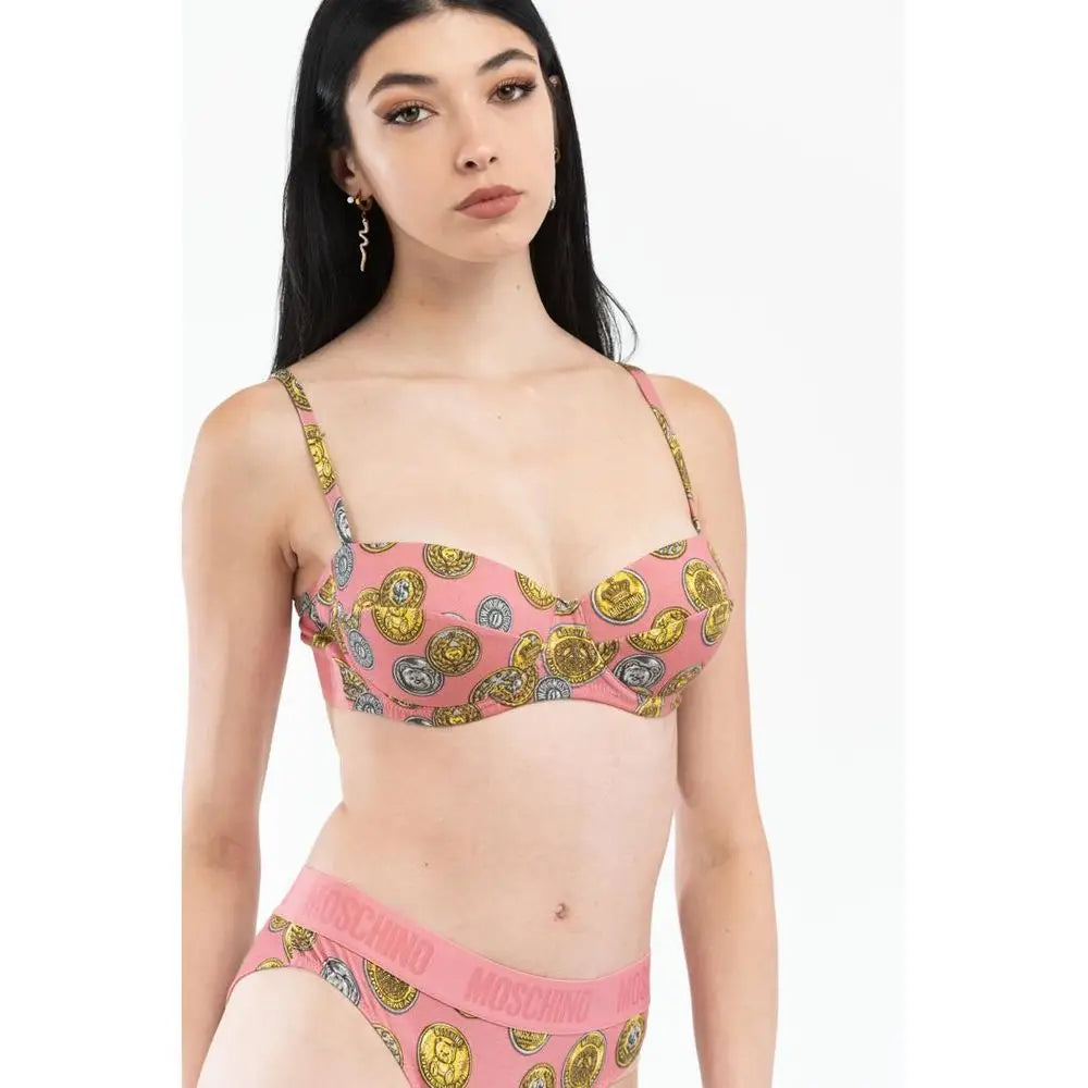 Moschino pink cotton bra med guld- og sølvmyntmønster