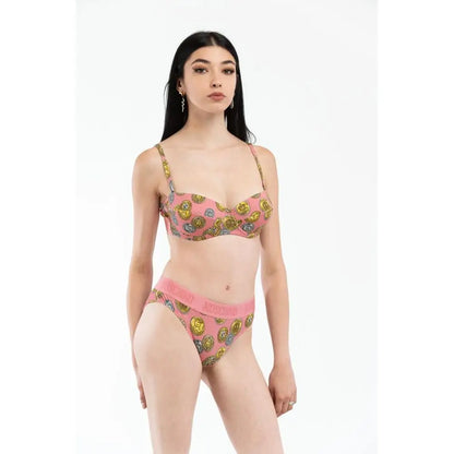 Moschino pink cotton bra with gold and blue circular pattern