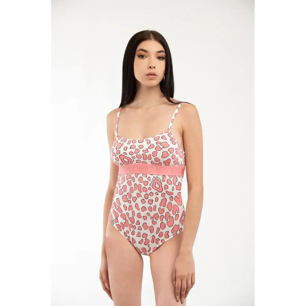 Moschino pink modal bodysuit i pink og hvid leopardprint med pink taljebånd