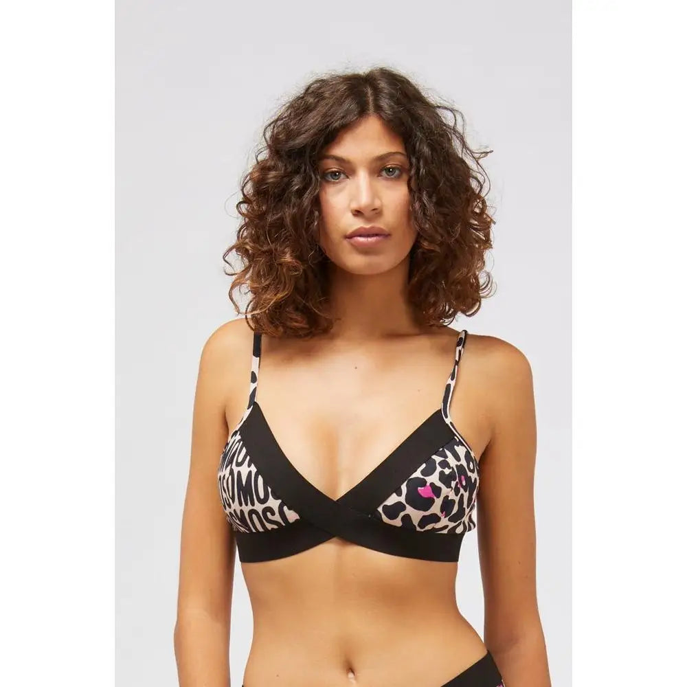 Moschino hvid bomuld bh med sort-hvid leopard og pink detaljer