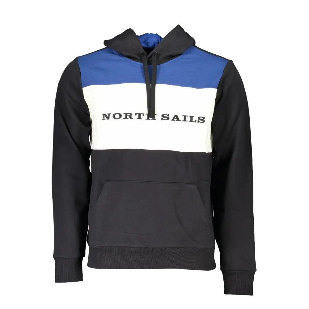 North Sails sort blå blokket hoodie med hvid logo, 100% originalt outlet mærkevare