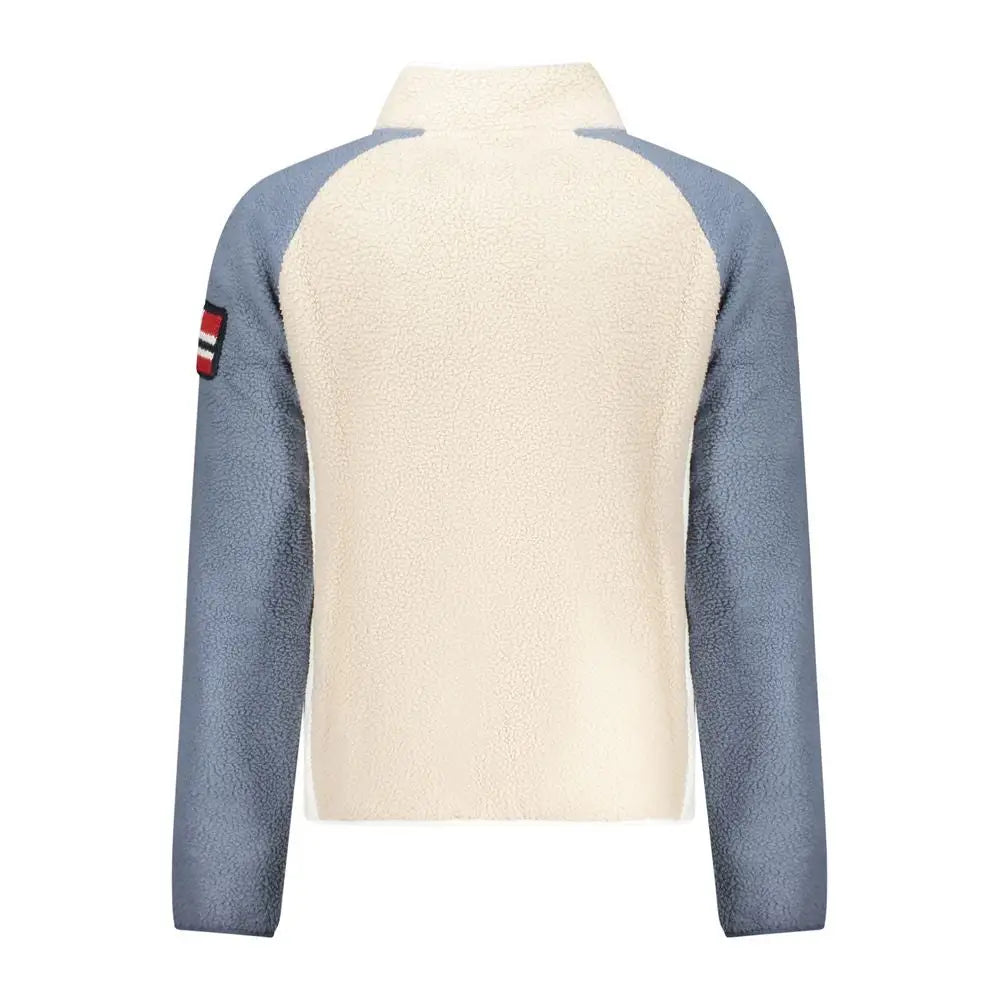 Beige polyester herresweatshirt med cremede og skiferblå fleece-detaljer, høj krave og farveblok-sleeves