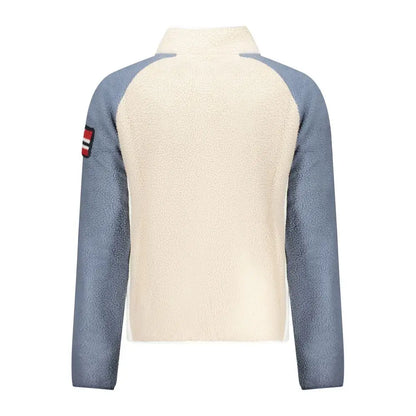 Beige polyester herresweatshirt med cremede og skiferblå fleece-detaljer, høj krave og farveblok-sleeves