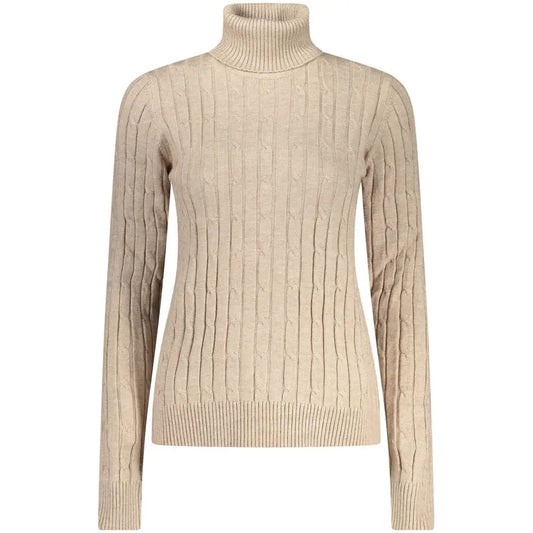Beige viscosa kvinders sweater med kabelstrik og ribkant