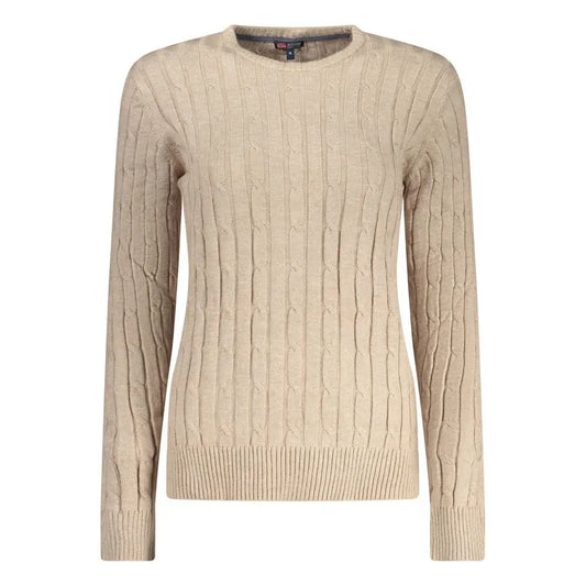 Beige viscose sweater med kabelstrik, rund hals og ribkantede manchetter