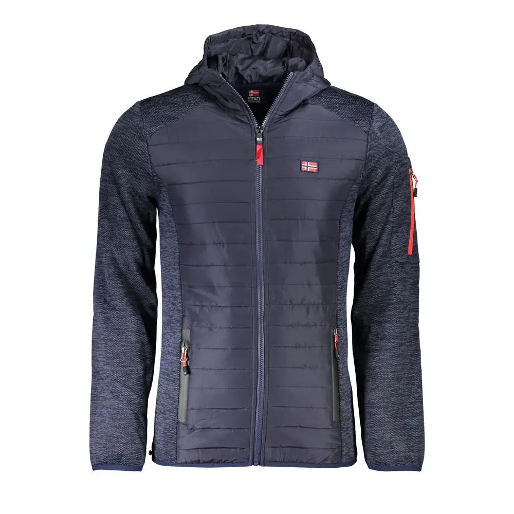 Mørk blå polyester shell jakke med rød lynlås og norsk flag