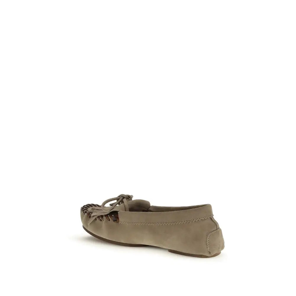 Beige suede Paris Texas moccasin with frayed tassel and Bos Taurus calf leather