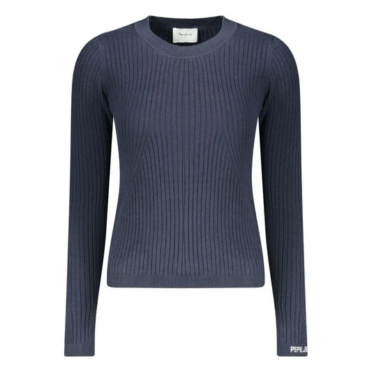Pepe jeans blue cotton kvindesweater i navy blå rib-strik med crew hals og diagonalt mønster