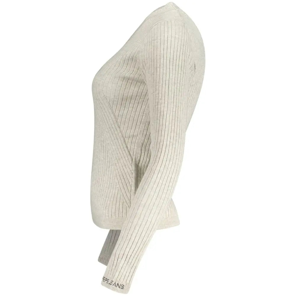 Ribbet off-white strikket trøje med V-hals fra Pepe Jeans Grigio cotton