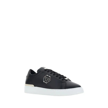 Philipp Plein sorte black læder low top sneakers med hvid gummisål og sølv hexagonal logo