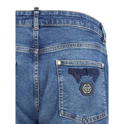 Philipp Plein blå bomulds straight-leg jeans med broderet greatness og hex logo