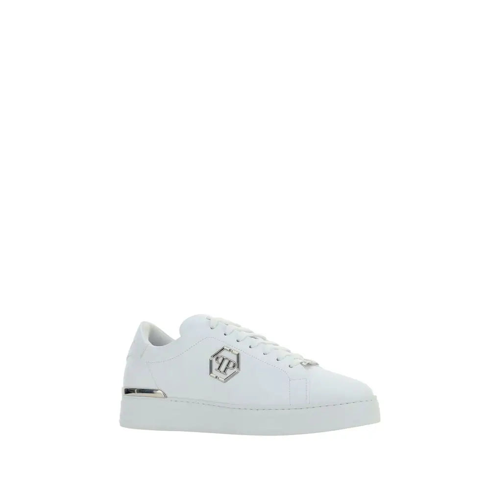 Philipp Plein white leather low top sneaker with silver logo and platform sole