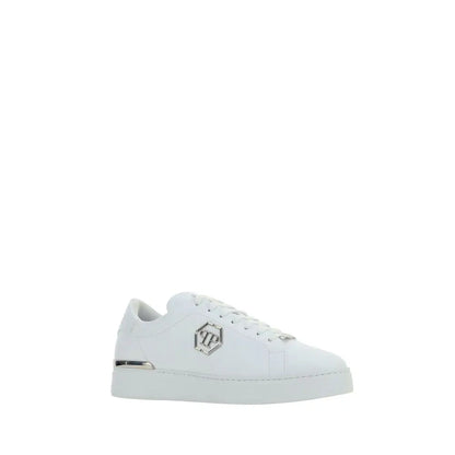 Philipp Plein white leather low top sneaker with silver logo and platform sole
