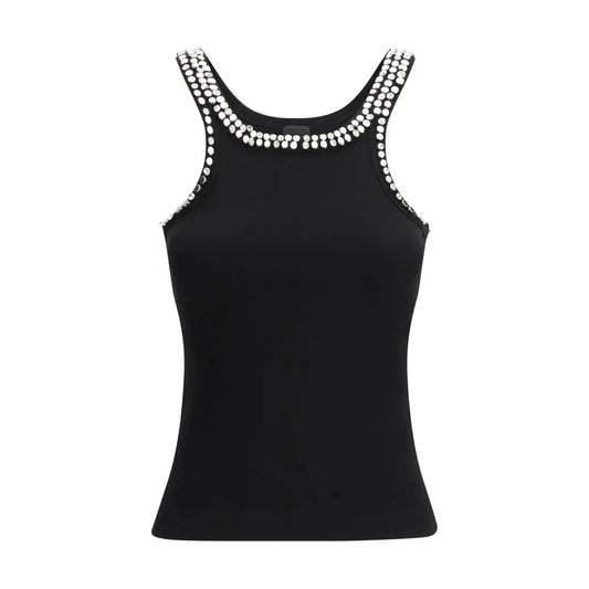 Pinko black cotton top med sort ærmer og sølvstrass