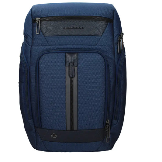 Piquadro Blue Fabric Backpack i marineblå tekstur med sorte læderdetaljer